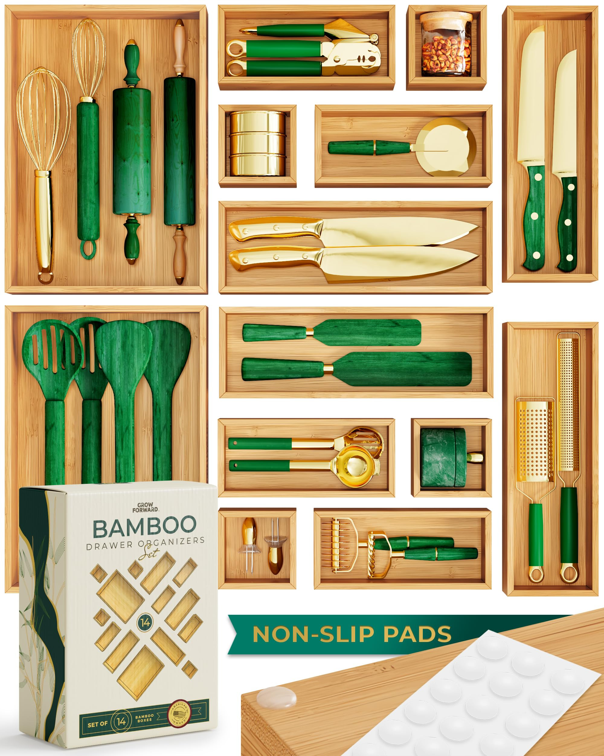 Grow Forward Bamboo Drawer Organizer Boxes - Set of 14 Wooden Drawer Organizers for Kitchen, Bath... | Amazon (US)