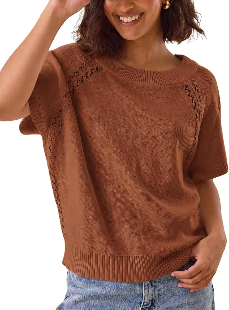 Yeokou Women Knit Crochet Top Short Sleeve Crew Neck Loose Fit Pullover Sweater Summer Fall Fashi... | Amazon (US)