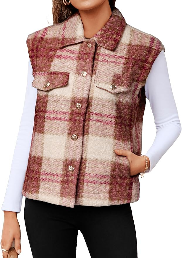 Glamaker Womens Faux Fur Plaid Vest Fall Button Up Fuzzy Casual Sleeveless Outerwear Jacket with ... | Amazon (US)