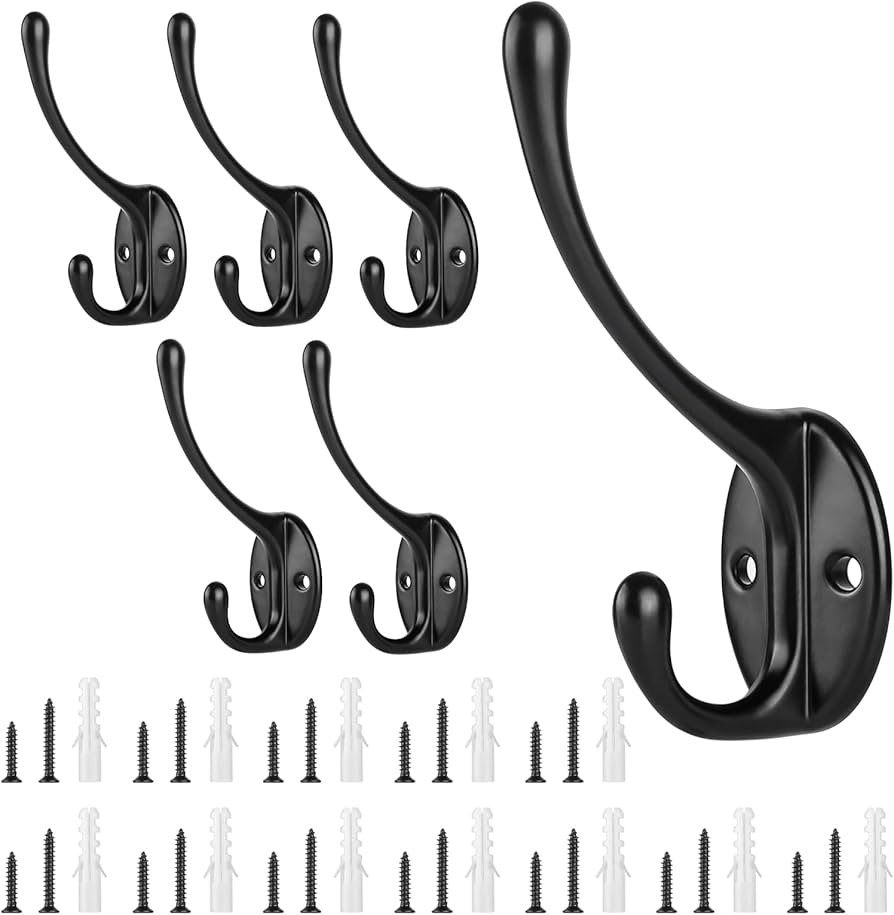 Coat Hook 6Pcs Black Coat Hooks Metal Coat Hooks Heavy Duty Coat Hooks Wall Mounted Hooks with 24... | Amazon (UK)