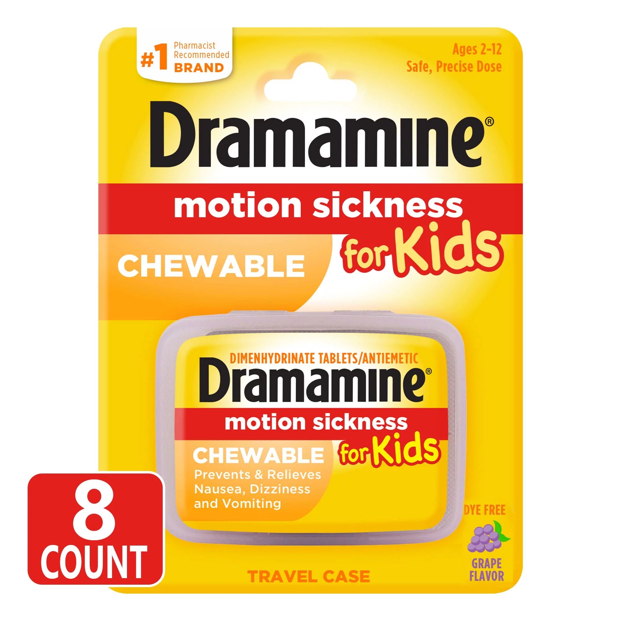 Dramamine Kids Chewable, Motion Sickness Relief, Grape Flavor, 8 Count | Walmart (US)