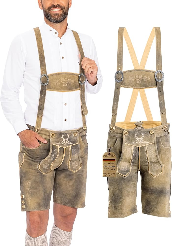 Lederhosen Men Oktoberfest Costume, Genuine Leather German, Mushroom Brown Short | Amazon (US)
