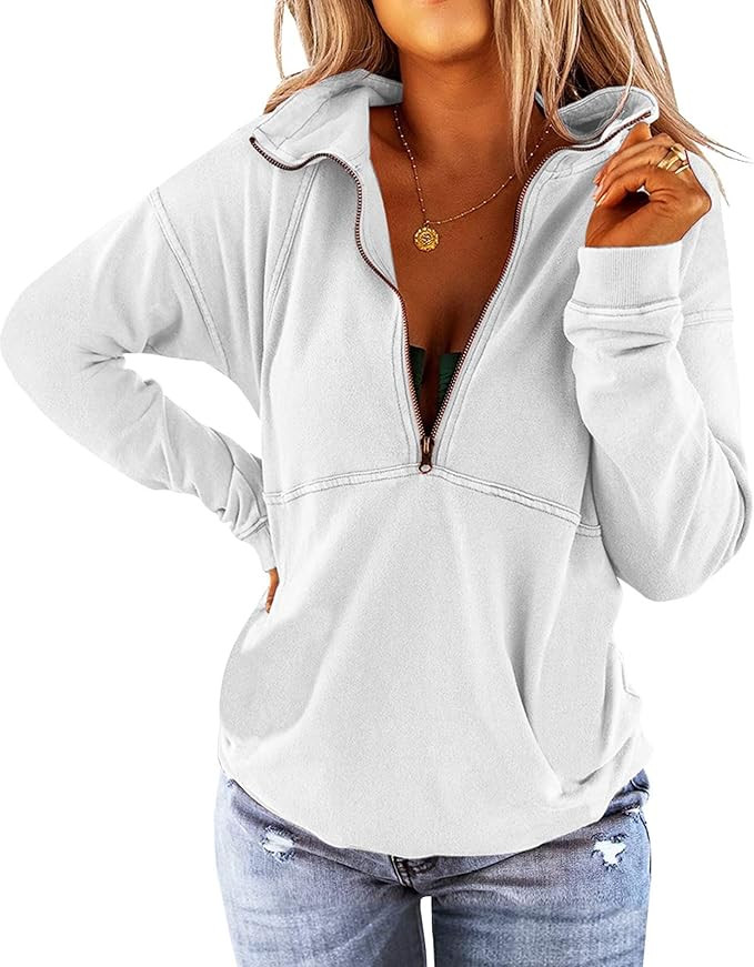 Floral Find Women's Long Sleeve Lapel Half Zip Up Sweatshirt Solid Stylish Loose Fit Casual Pullo... | Amazon (US)