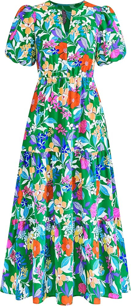 dowerme Womens Summer Dresses 2026 Casual Puff Short Sleeve V Neck Floral Boho Tiered Ruffle Maxi... | Amazon (US)