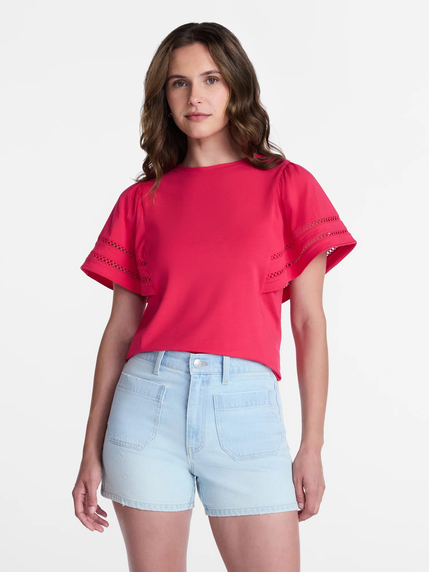 Time and Tru Women’s Crewneck Top with Lace Inset Flounce Sleeves, Sizes XS-XXXL - Walmart.com | Walmart (US)