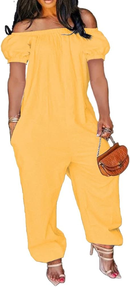 MESLIMA Women's Loose Fit Elastic Off Shoulder Beam Foot Long Sleeve Jumpsuit Rompers with Pocket... | Amazon (US)