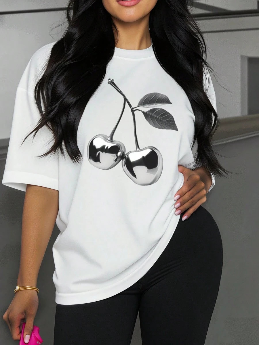 Black Sexy Style, Fashionable Printed Short Sleeve T-Shirt, Stylish Silver Cherry Print, Simple And Versatile, Suitable For Young Women, Loose Fit For Summer Wear, Casual Everyday Wear, Unique Design, Summer Sexy Casual Party First Choice, Slim And Breathable Design, All-Season Versatile, Essential For Outings | SHEIN