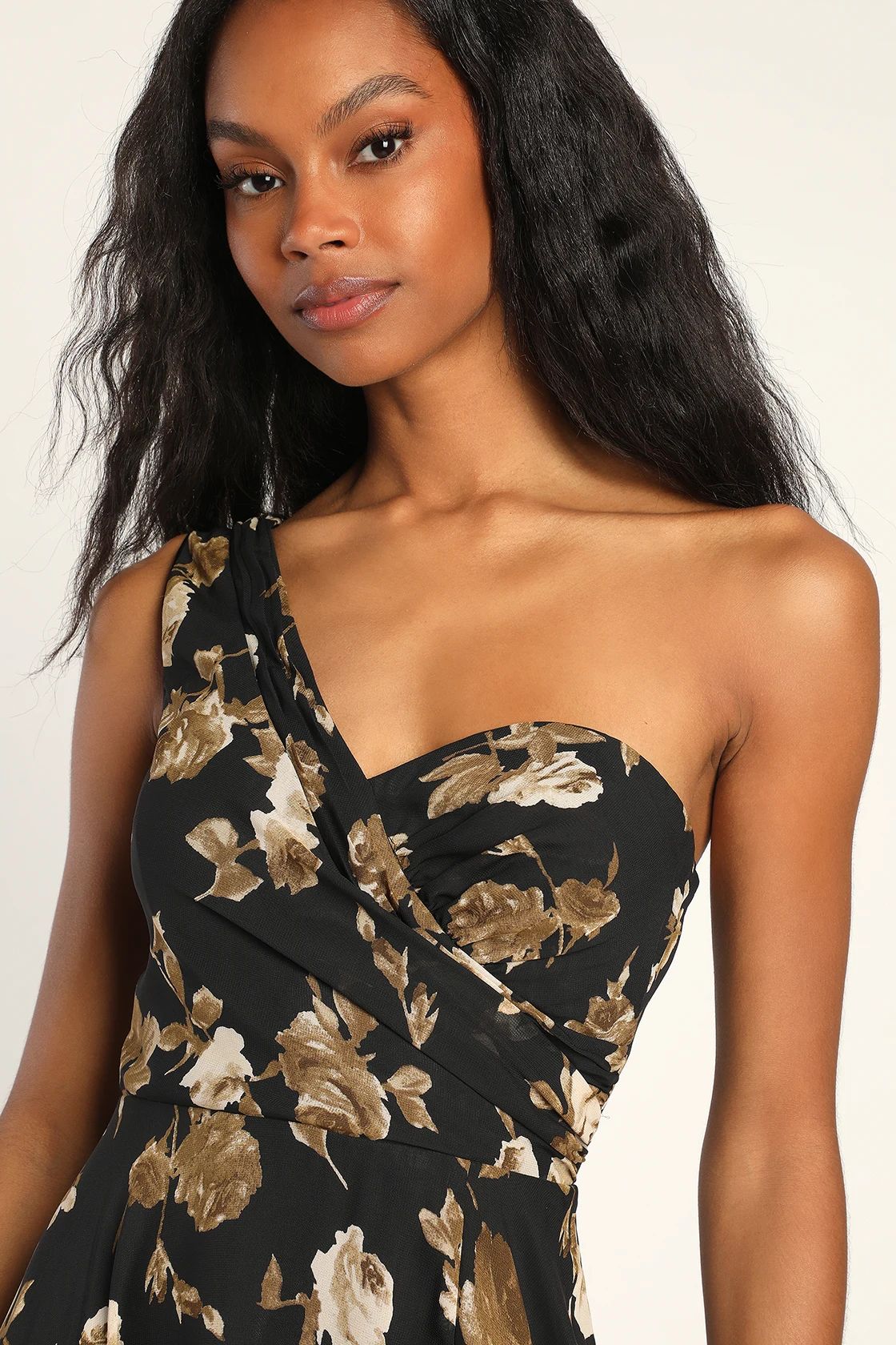Fashionably Refined Black Floral Print One-Shoulder Maxi Dress | Lulus (US)