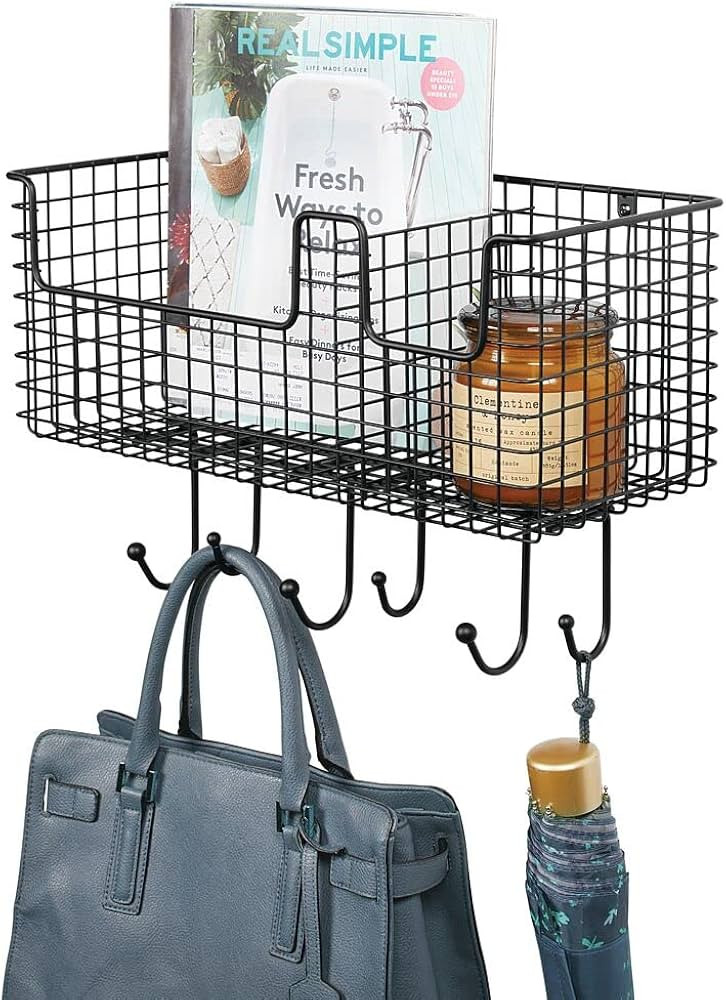 mDesign Metal Wire Farmhouse Wall Decor Storage Organizer Basket with 6 Hooks for Entryway, Hallw... | Amazon (US)