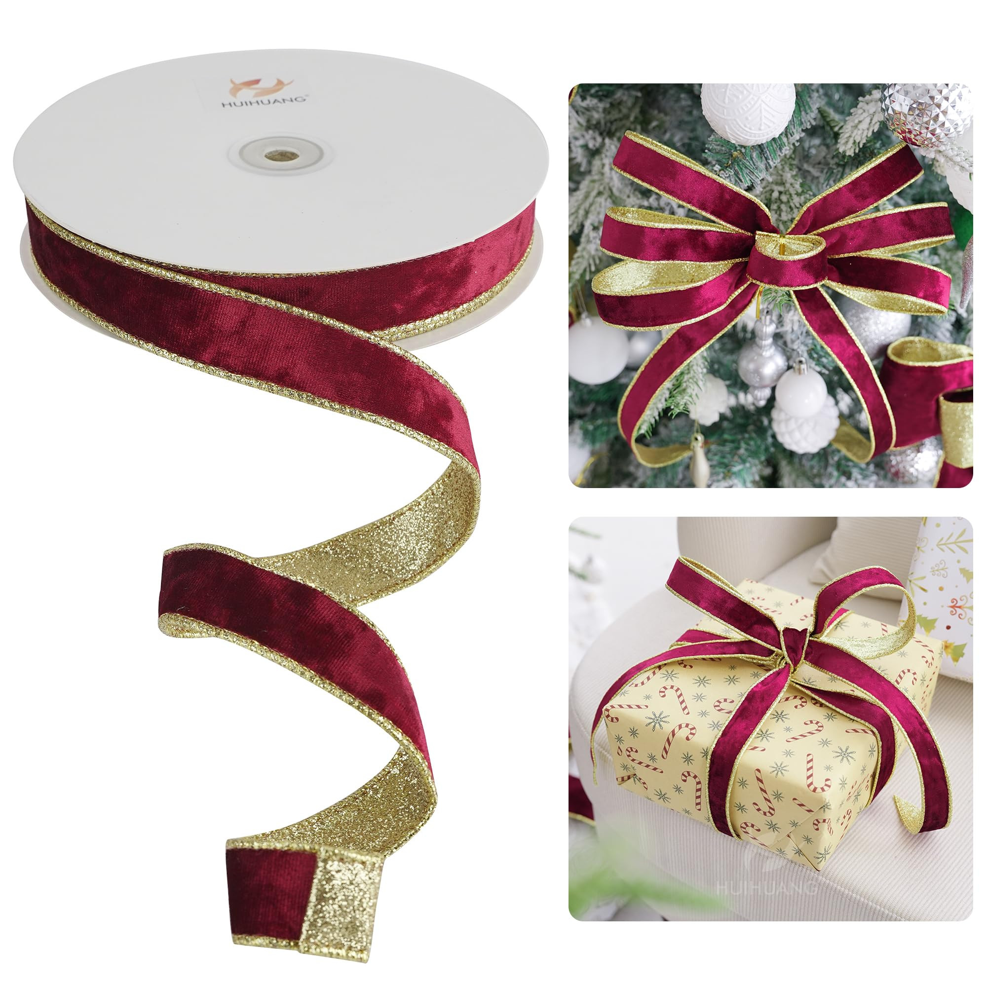 HUIHUANG Burgundy Velvet Wired Ribbon 1 inch with Glitter Gold Double Sided Christmas Wired Ribbo... | Amazon (US)