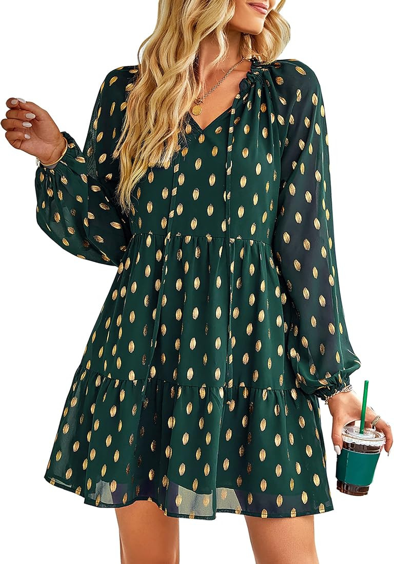 KIRUNDO Fall 2022 Women's Long Sleeve V Neck Ruffle Polka Dot Mini Dress Casual Loose High Waist ... | Amazon (US)