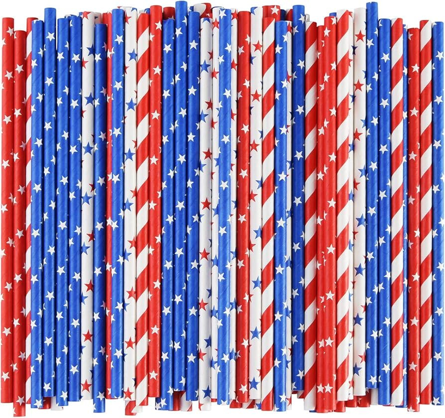 ALINK American Flag Red Blue White Paper Straws, 100 Stripe/Star Biodegradable Straws for Memoria... | Amazon (US)