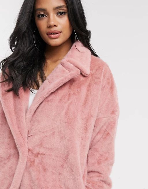 Missguided longline coat with faux tortoise shell buttons in pink | ASOS (Global)