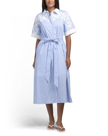 Short Sleeve Floral Applique Striped Midi Dress For Women, Nylon/Spandex/Cotton | TJ Maxx
