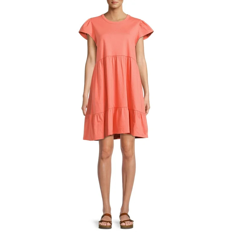 Time and Tru Short Sleeve Tiered Knit Dress for women with Pockets | Walmart (US)