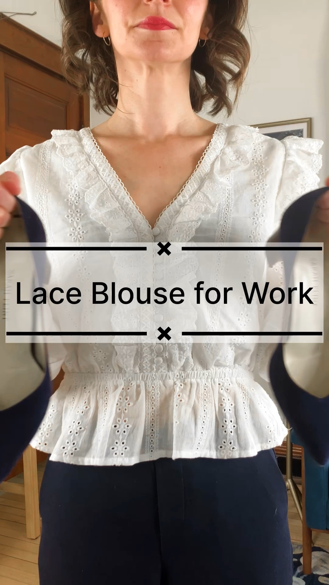 White lace blouse for the office!
Top is old, linked similar styles. 
Size 00P Banana Republic Factory pants, order your usual size. 
Size 6 Sarah Flint heels, order your usual size, suede, made in Italy. 
Petite outfit. Classic outfit. Spring outfit. Work outfit. 

#LTKfindsunder100 #LTKworkwear #LTKVideo