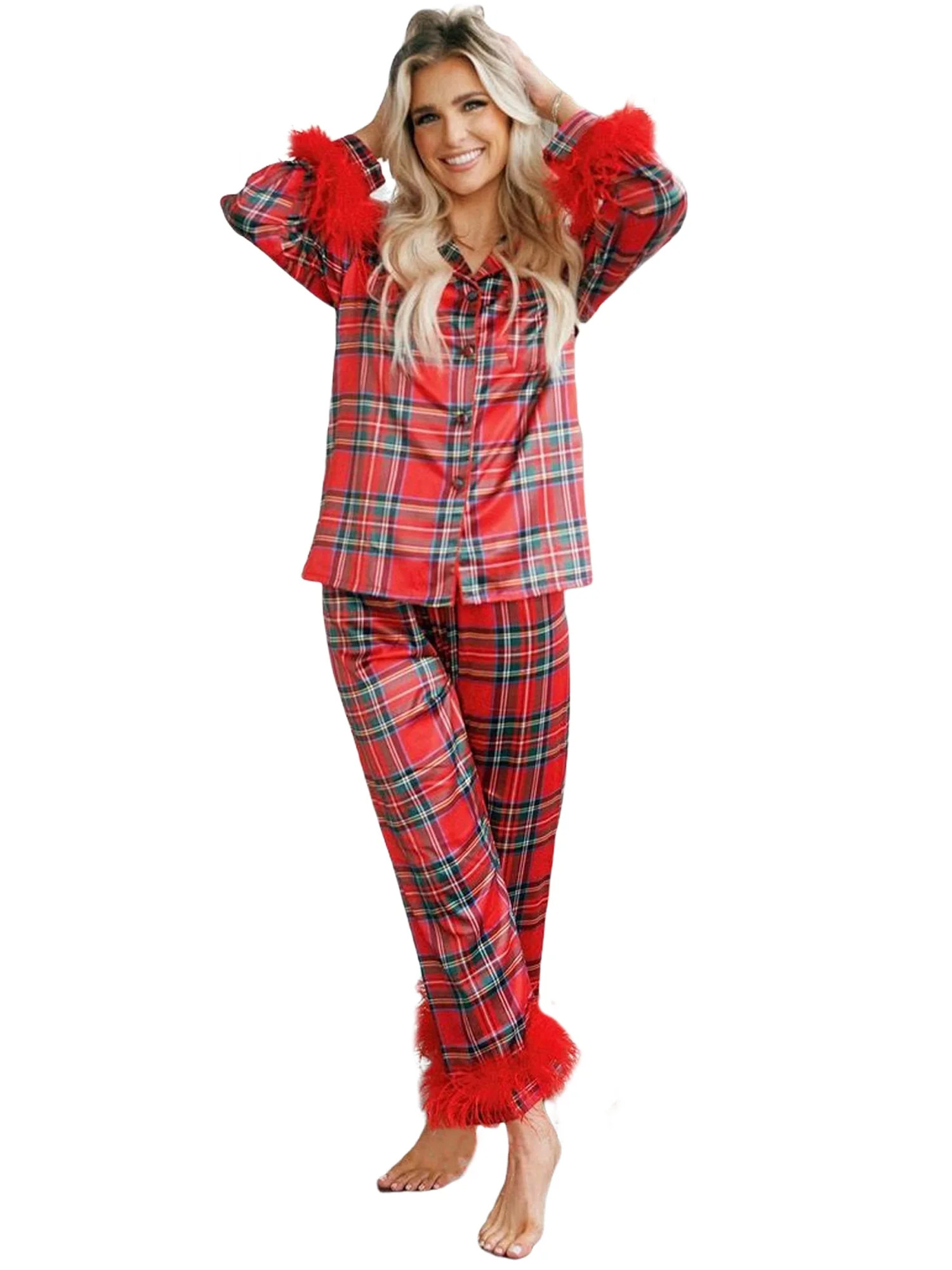 Komoo Women Christmas Silk Pajamas with Feathers Long Sleeve Plaid Button Down Shirt and Pants Se... | Walmart (US)