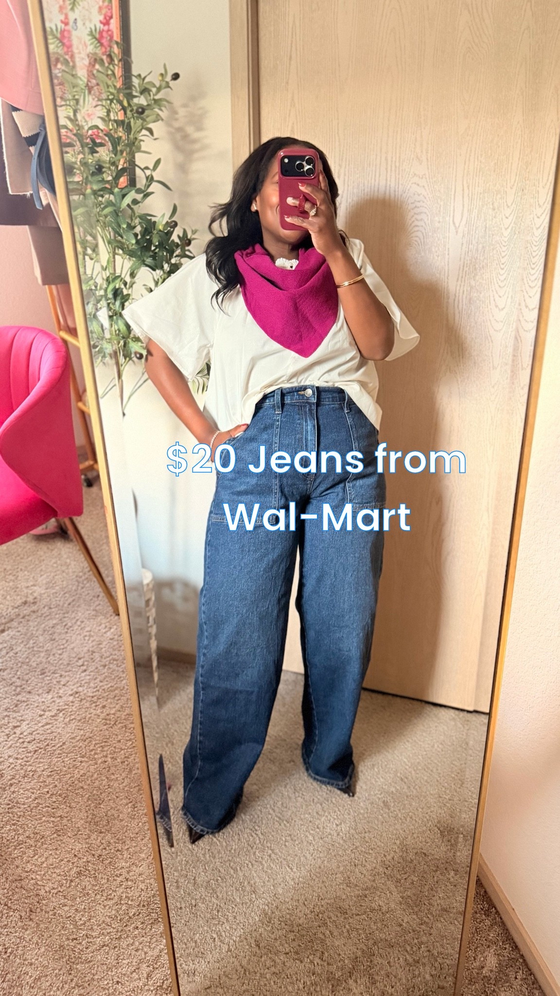 Can’t believe the quality or the price of these jeans from @Walmart - I’m in the size 12. The berry pink scarf is on sale for $7!