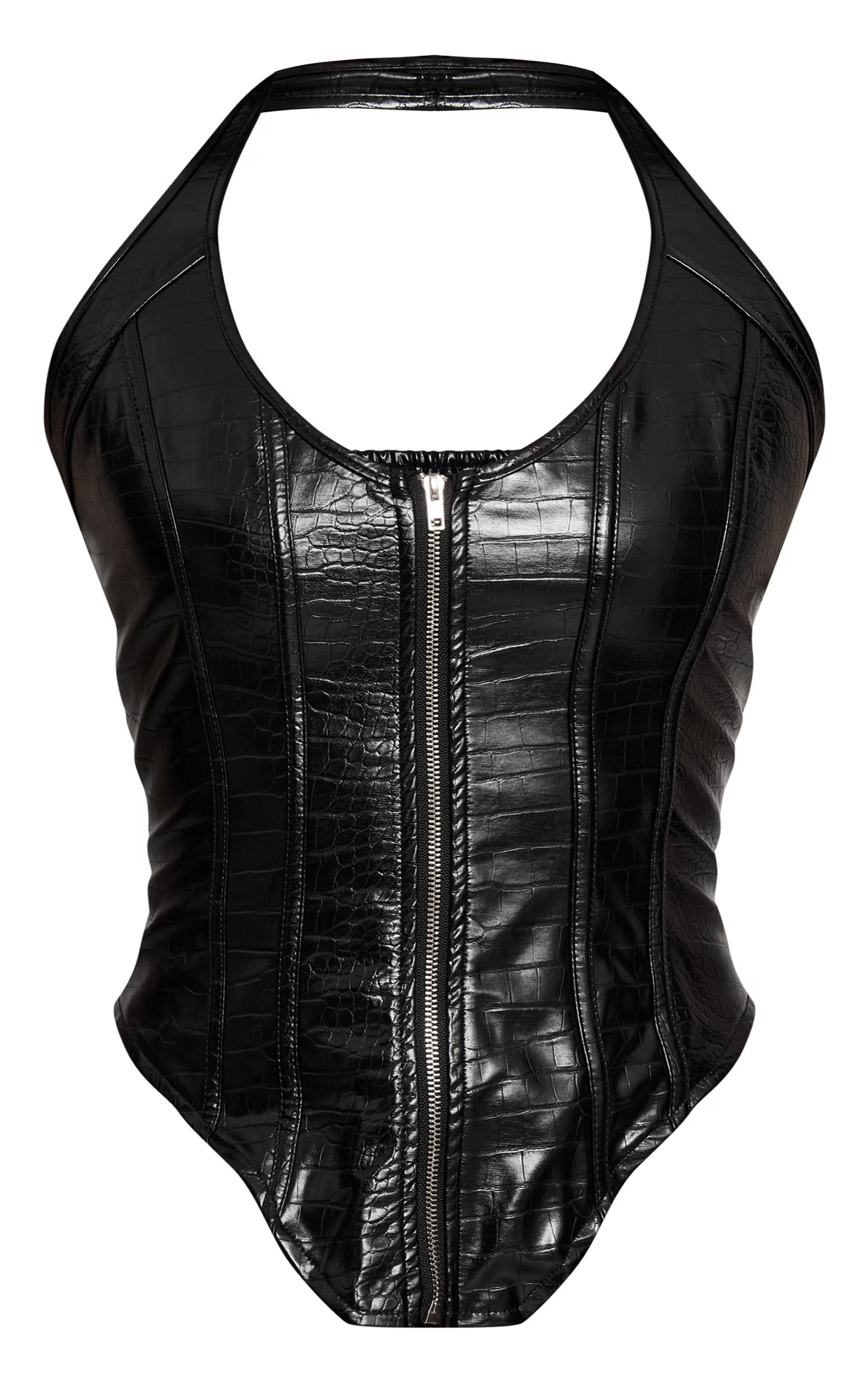 Black Croc Faux Leather Boned Dip Hem Corset | Tops | PrettyLittleThing US