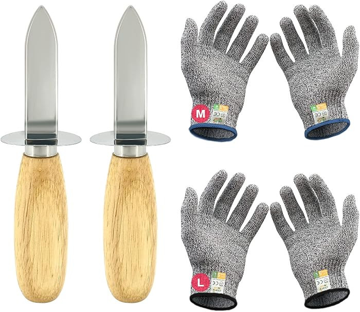 Oyster Shucking Knife Set of 2 Stainless Steel Oyster Knifes and 2 Pairs Level 5 Cut-Resistant Gl... | Amazon (US)
