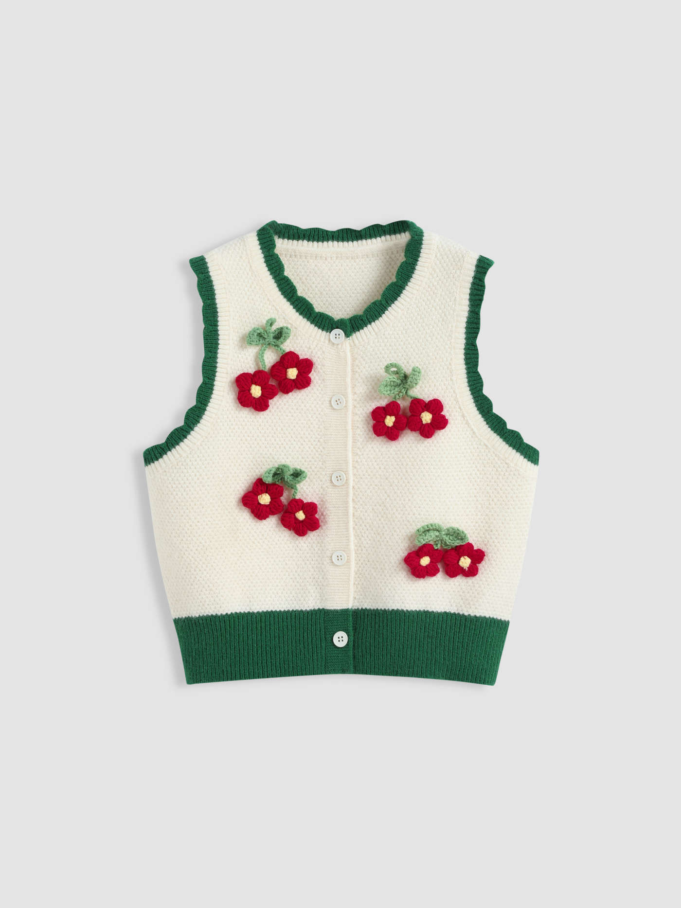 Knit V-neck 3D Flower Contrasting Binding Wave Trim Button Vest | Cider
