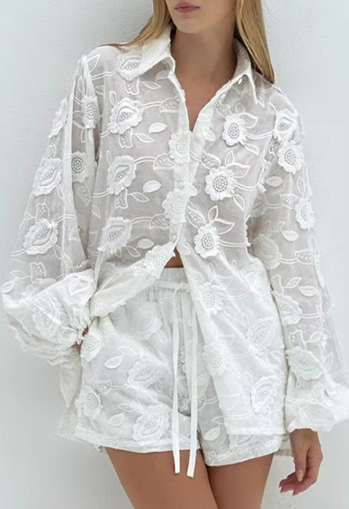 3D Bloom Embroidered Puff Sleeve Cotton Shirt and Shorts Set for Resort Getaways & Beach Dinners | Chicwish