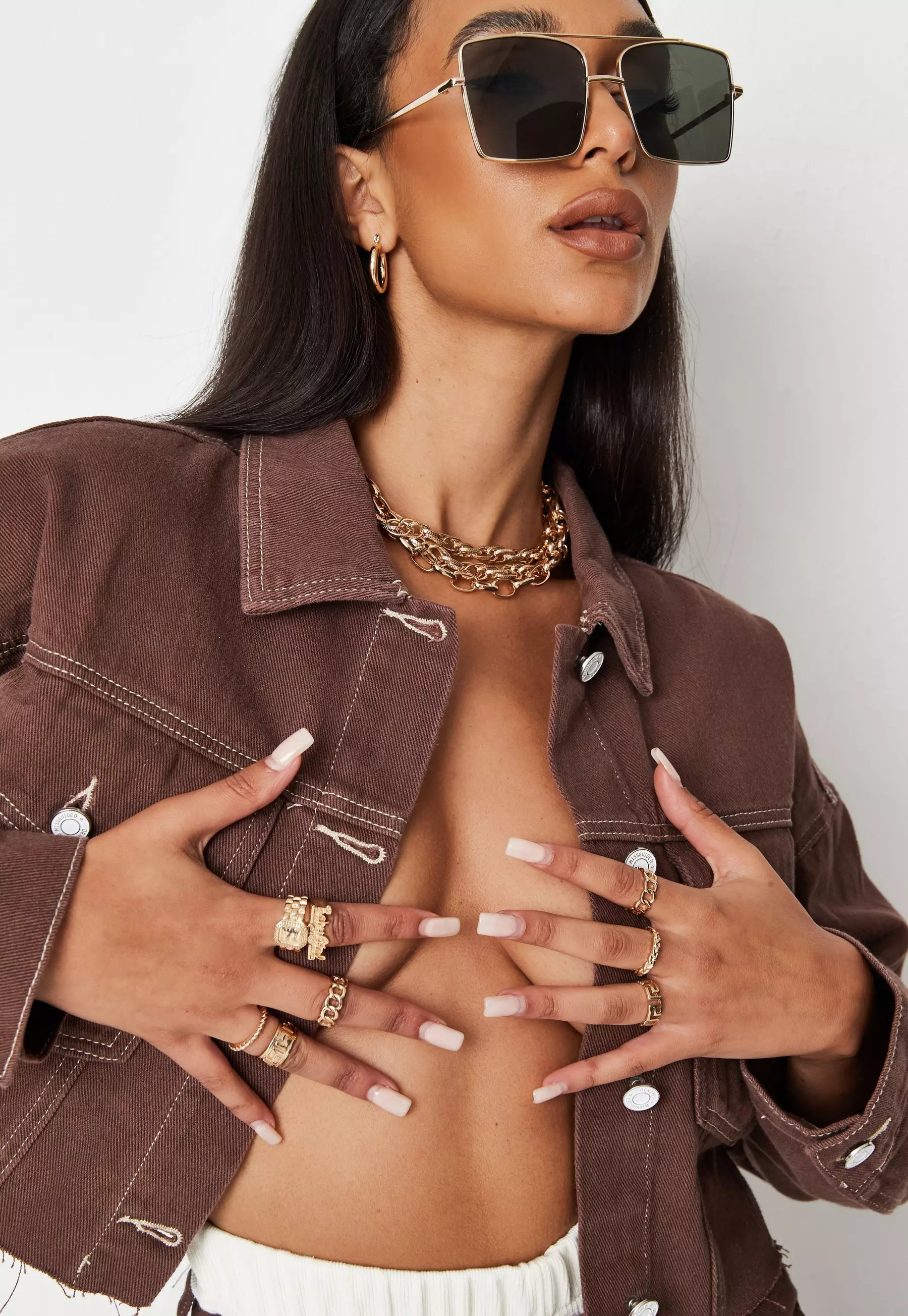 Jordan Lipscombe x Missguided Chocolate Co Ord Contrast Stitch Denim Jacket | Missguided (US & CA)