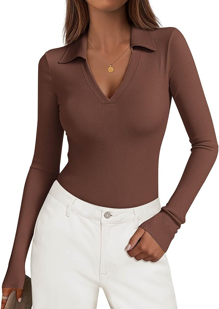 KIRUNDO Polo Shirts for Women Long Sleeve Business Casual Tops 2025 Fall Ribbed Knit Collared V N... | Amazon (US)