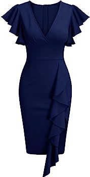 Amazon.com: Knitee Women's Deep-V Neck Ruffle Sleeves Cocktail Party Pencil Slit Formal Dress (A-... | Amazon (US)