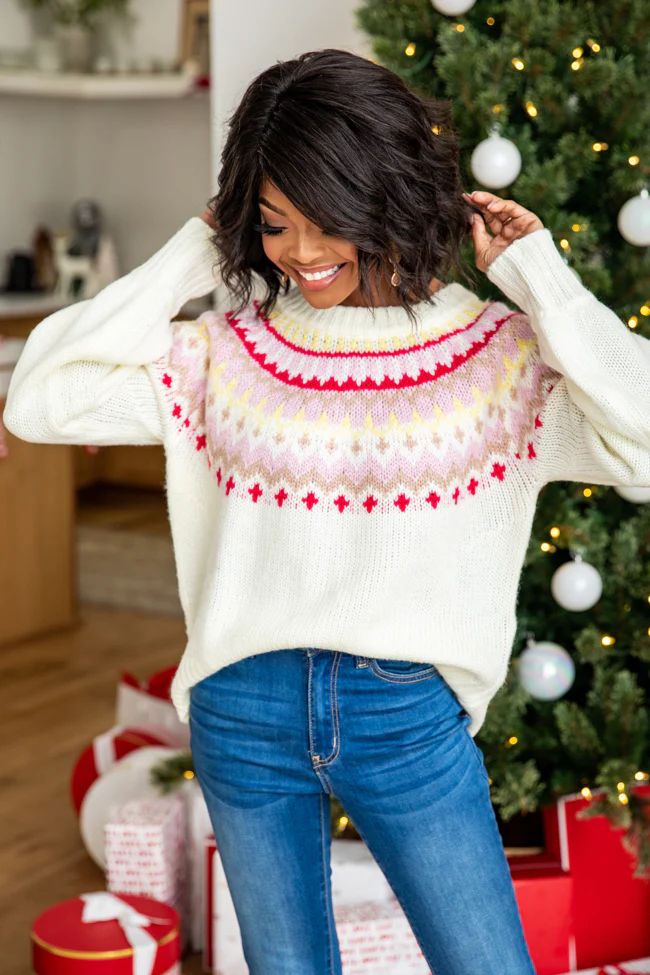 My Favorite Gift Ivory And Pink Fair Isle Sweater | Pink Lily