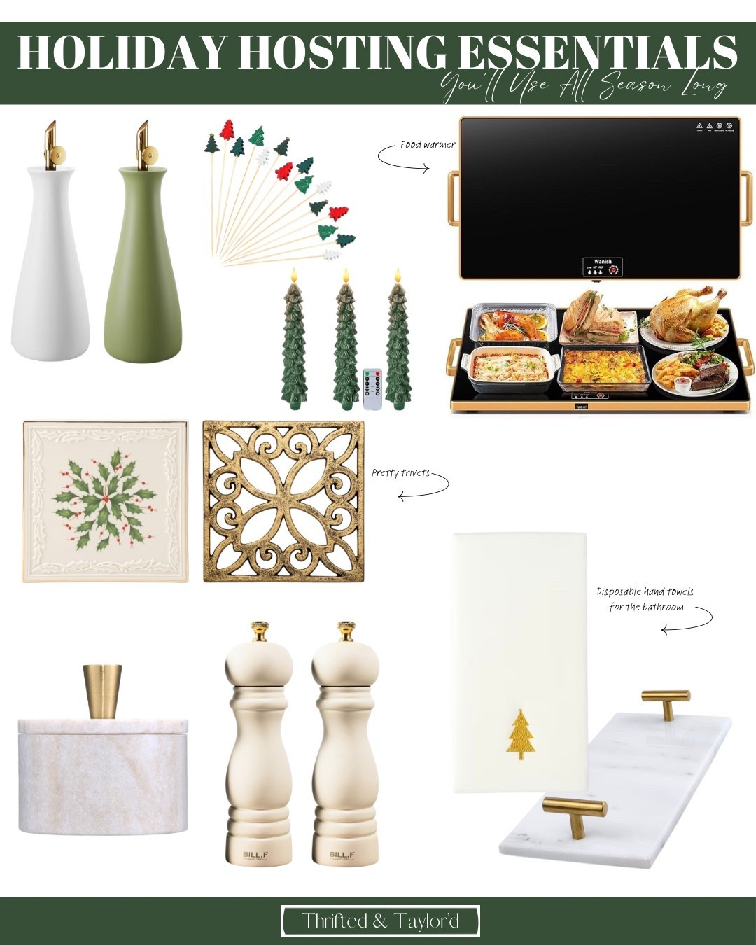 Holiday Hosting Essentials you’ll reach for all season—festive tree picks, an electric food warmer, pretty trivets, seasonal candles, elegant salt + pepper grinders, marble countertop pieces, and disposable guest towels for quick bathroom refreshes. Perfect for every holiday gathering. Shop everything and even more finds below. 

#LTKHome #LTKHoliday