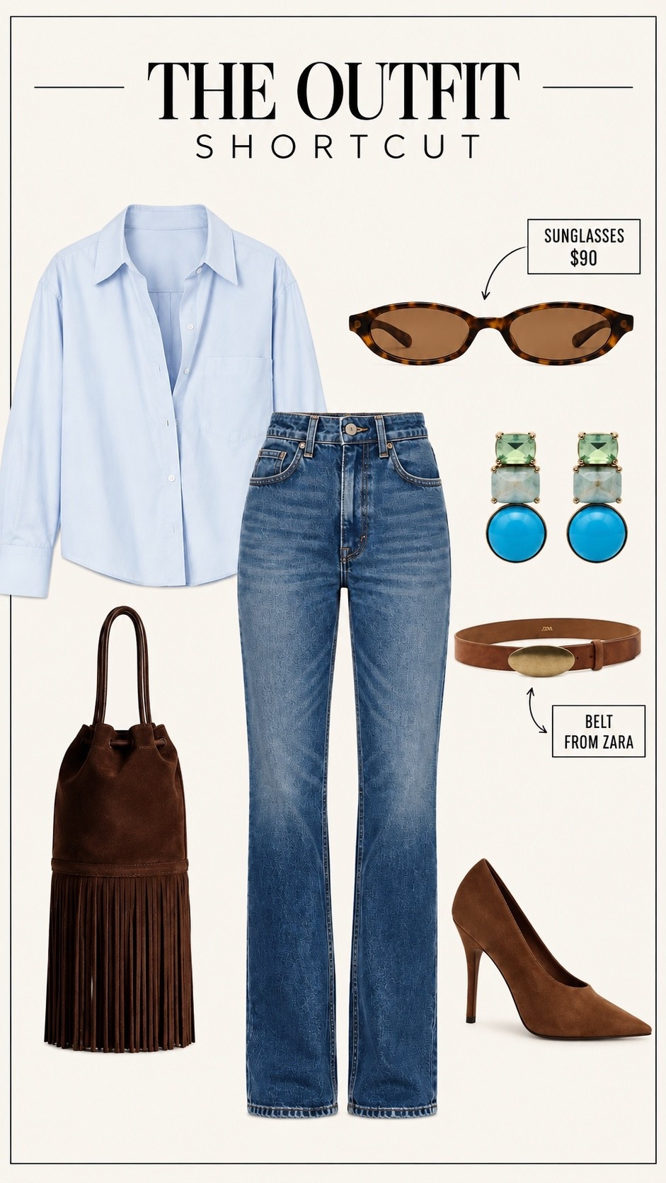 A blue button-down and jeans will never go out of style. Add a little brown suede, some good accessories, and suddenly it looks like you put in a lot more effort than you actually did.💁🏼‍♀️love the fringe on this bag