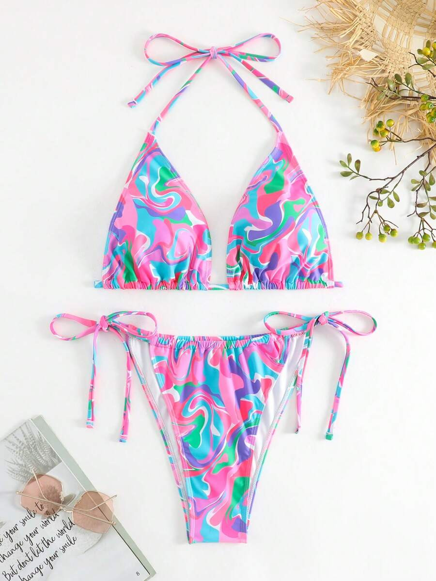 Plus Swirl Print Bikini Set Halter Triangle Bra & Tie Side Panty 2 Piece Swimsuit | SHEIN