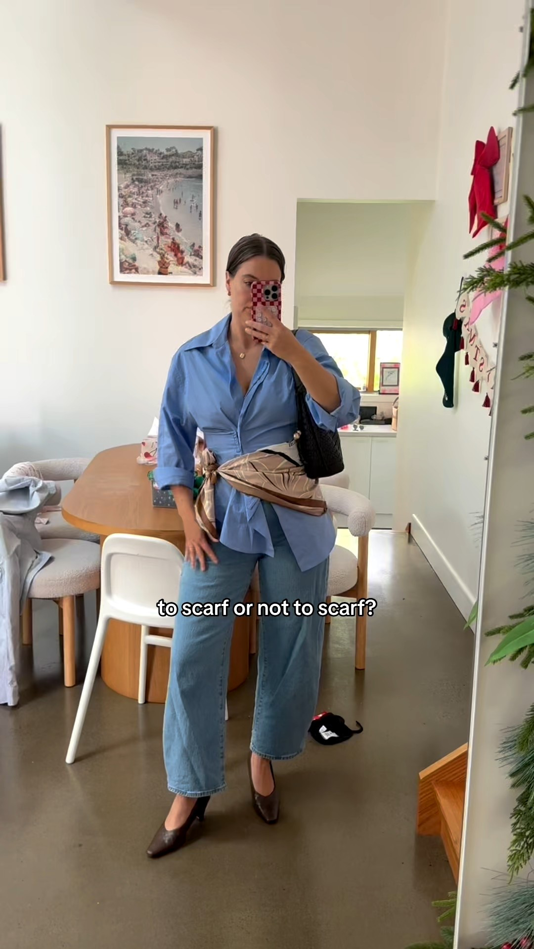 Still don’t know if I can pull off the scarf trend! Either way this cinched shirt and barrel leg jean combo is such an easy smart casual everyday outfit combination 👍🏼 I’m wearing size medium blue shirt and 10 jeans, both are linked below. 
(Fitmas, smart casual, wardrobe essentials, new season, summer dressing, scarf outfit, fitted shirt, oversized shirt, cropped jeans, easy outfit, everyday styling, mum style, mom outfits) #LTKxDavidJones

#LTKjeans #LTKaustralia #LTKsummer