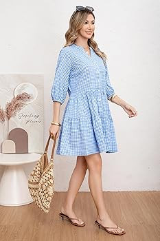 utcoco Women's 2026 Spring Summer Plaid Shirt Dress 3/4 Puff Sleeve Button Down Loose Casual Midi... | Amazon (US)