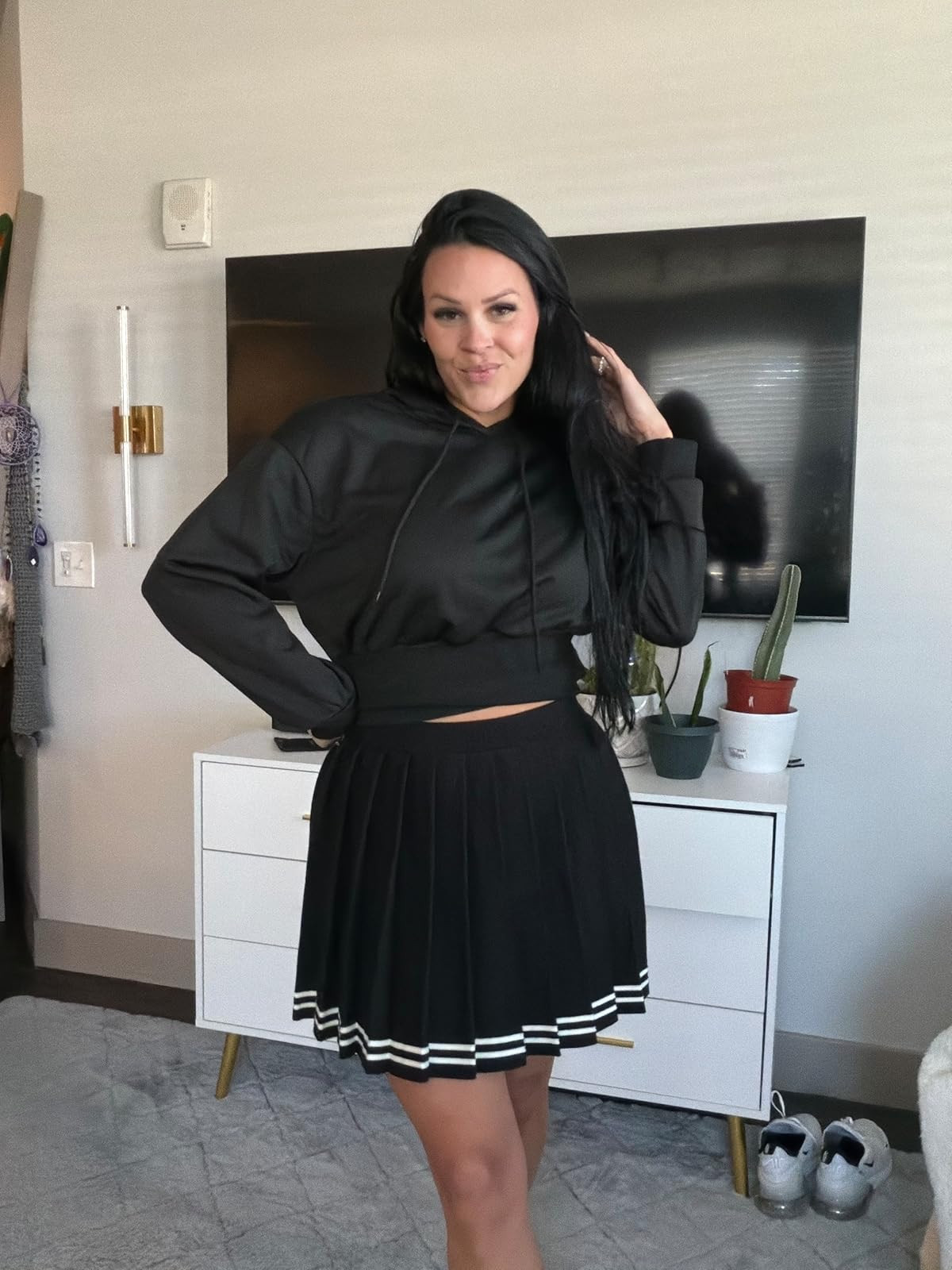 Cropped black hoodie & pleated skirt. Shop the link! #athleisure #ltkfit #sportychic 

 #LTKdayinmylife #LTKSaleAlert