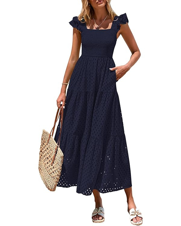 PRETTYGARDEN Womens Summer Square Neck Maxi Dresses Cap Sleeve Eyelet Smocked Tiered A Line Flowy... | Amazon (US)