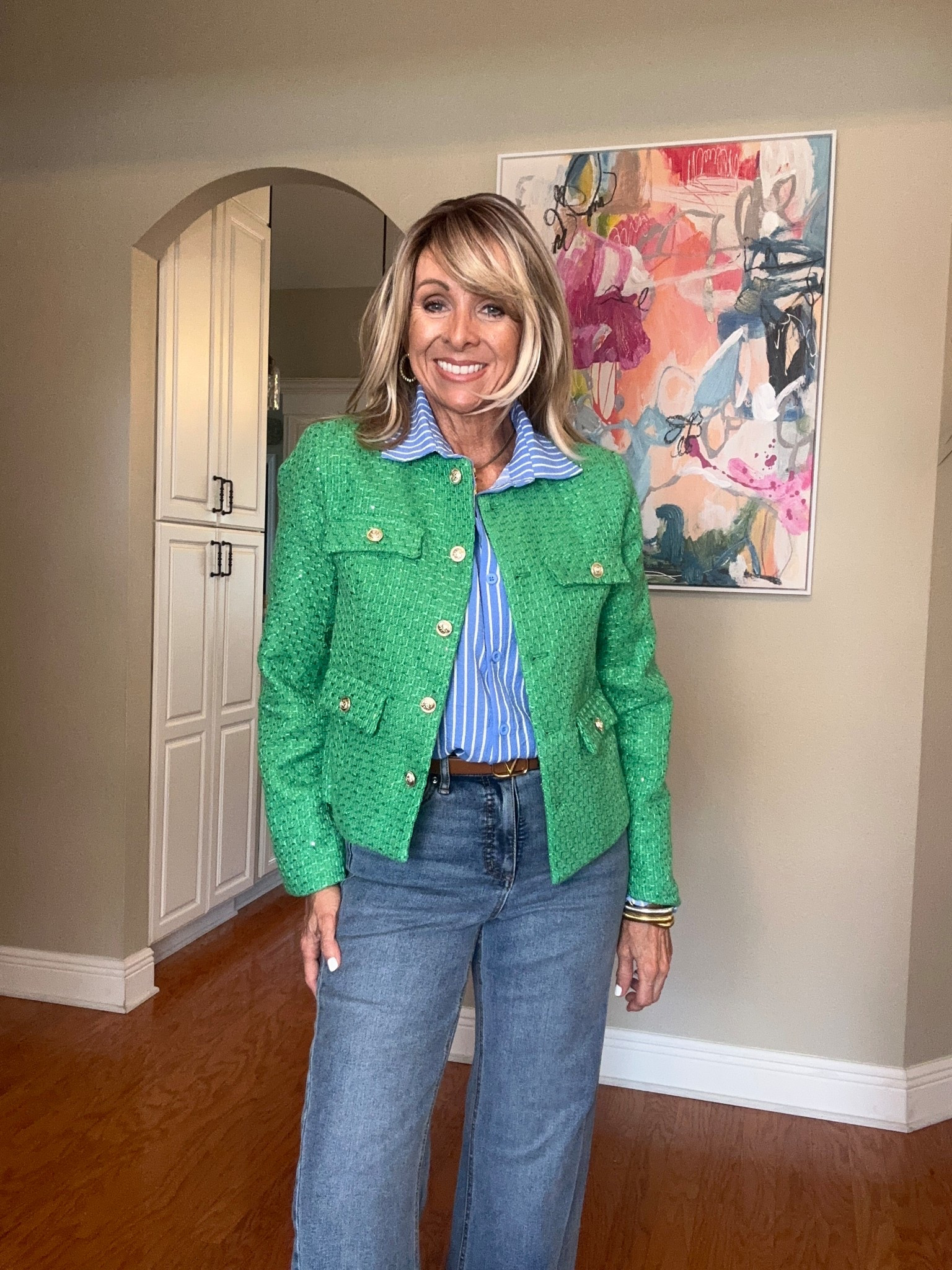 Green and blue always works! Love this affordable lady jacket and blue and white striped blouse. 

#LTKootd #LTKOver40