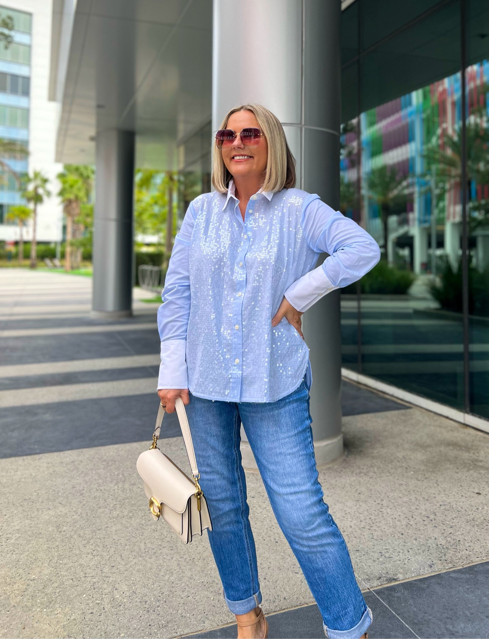 The perfect everyday blue sequin shirt, boyfriend jeans and heels. 
Fall fashion and fall trends.


#LTKStyleTip #LTKOver40 #LTKFindsUnder50
