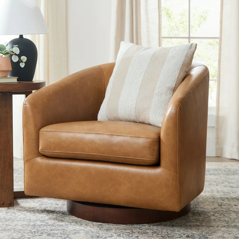 Better Homes & Gardens Bradford Wooden Base Swivel Chair, Chestnut Faux Leather | Walmart (US)