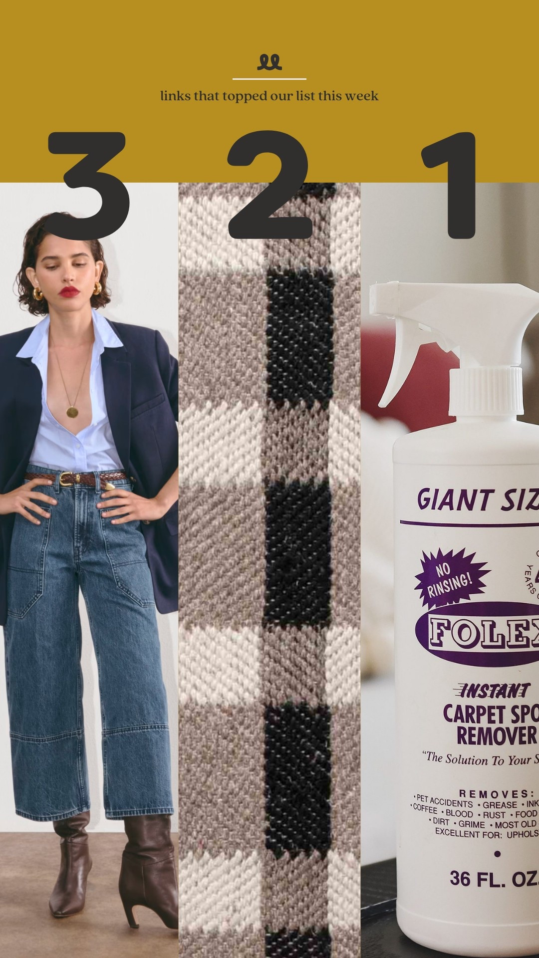 Links that topped our list this week: Everlane Way-High Cropped Jean, wool plaid rug, and Folex

#LTKHome #LTKStyleTip