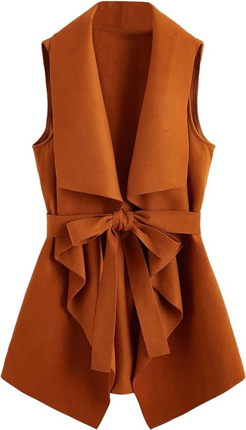SheIn Women's Lapel Open Front Sleeveless Casual Vest Cardigan Tie Waist Jacket | Amazon (US)