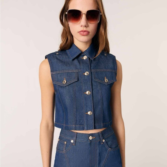 MAJE Denim cropped sleeveless jacket | Poshmark