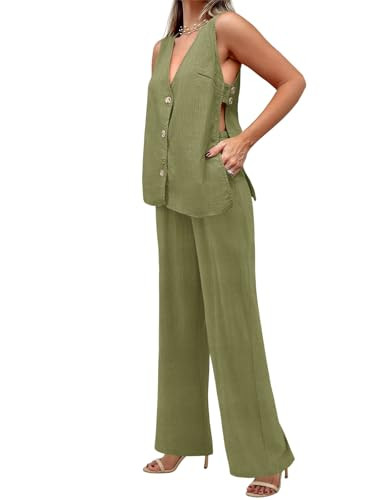 Tankaneo Womens 2 Piece Linen Sets Summer Outfits Sleeveless V Neck Botton Down Tank Tops and Pan... | Amazon (US)