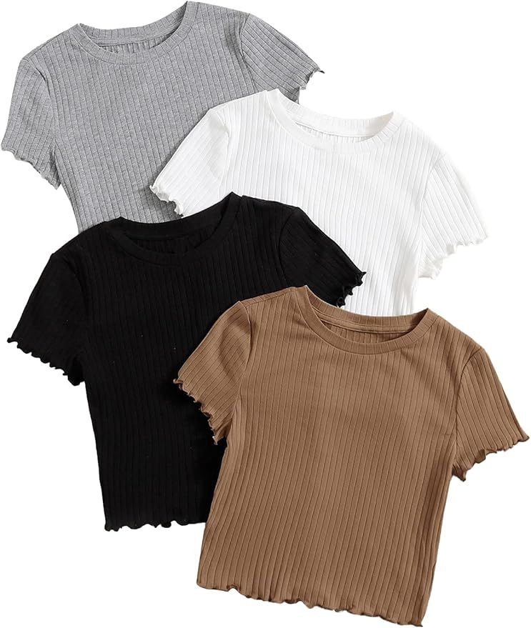 MakeMeChic Women's 4 Pack Short Sleeve Lettuce Trim Ribbed Knit Tees Crop Tops | Amazon (US)