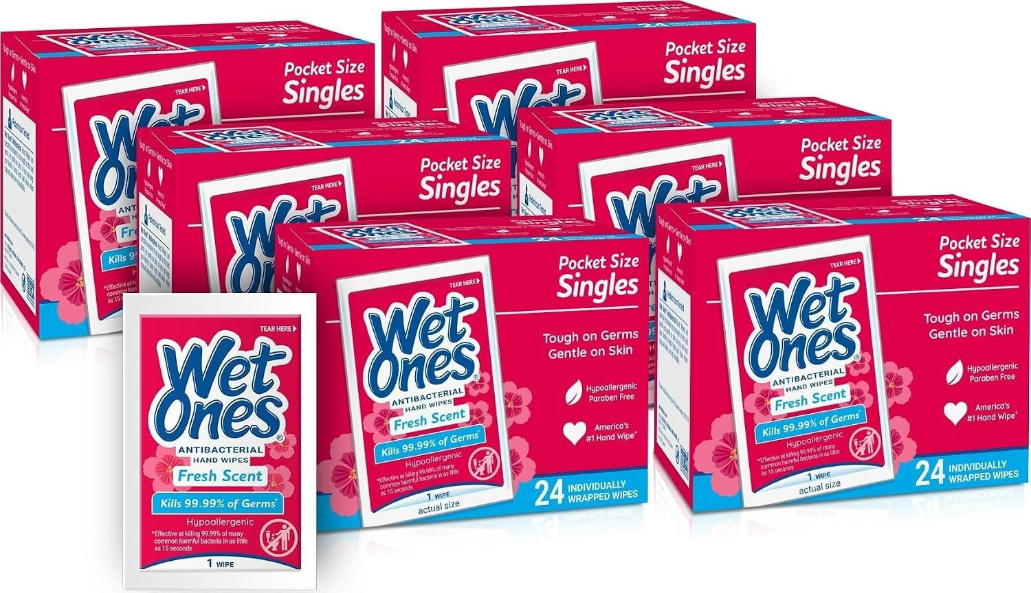 Wet Ones Singles Antibacterial Hand Wipes, Fresh Scent, 24 ct (6 Pack) | Amazon (US)