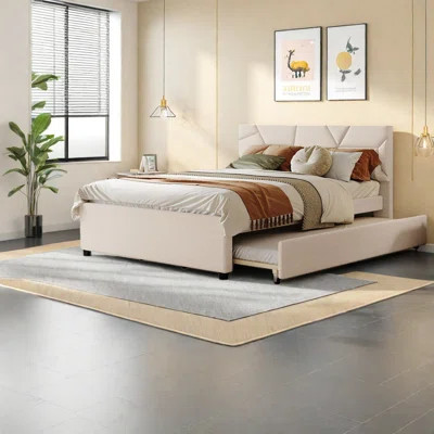 Space-saving Queen Upholstered Platform Bed, Linen Beige, Modern Style | Wayfair North America