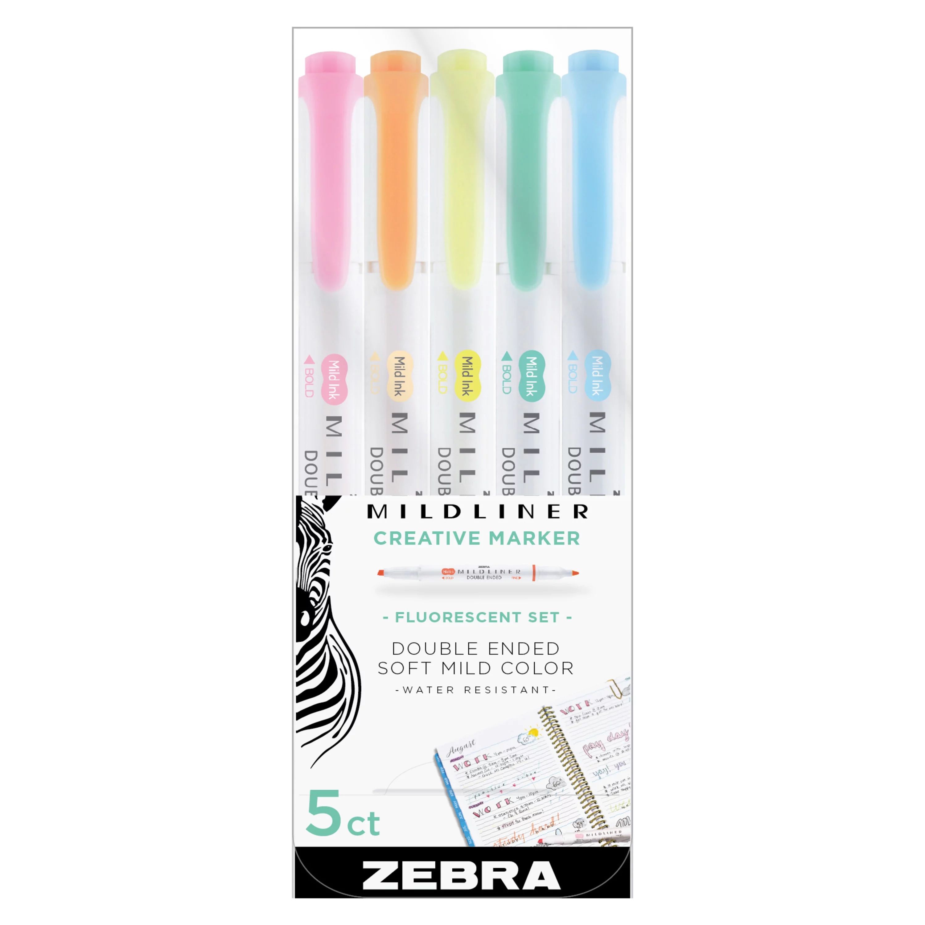 Zebra Mildliner Double-Ended Highlighter Set, Fine and Broad Tip, 5 Pack, Fluorescent | Walmart (US)