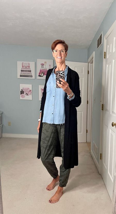 Casual athleisure and loungewear for a day at home.

Chambray shirt, joggers, camo joggers, black cardigan, duster cardigan, loungewear, winter outfit, casual outfit

#LTKstyletip #LTKFind
