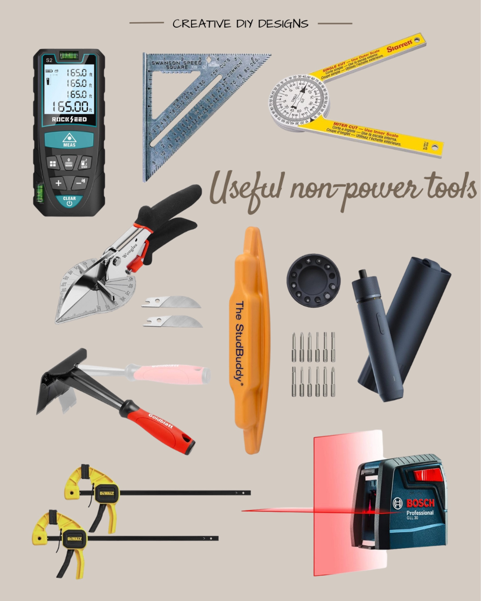 DIY tools. Basic DIY tools. Stud finder. Laser level. Electric screwdriver. Angle Measurer. Speed square. Laser measuring tool. Miter shears. Clamps.

#LTKhome